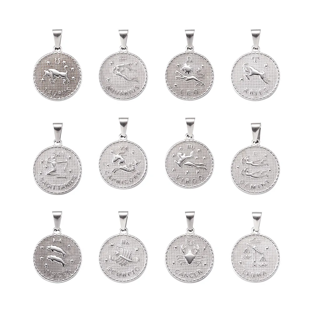 304 Stainless Steel Pendant Sets Flat Round with Twelve Constellation/Zodiac Sign Golden 29x25x3.2mm, Hole: 9x4.5mm