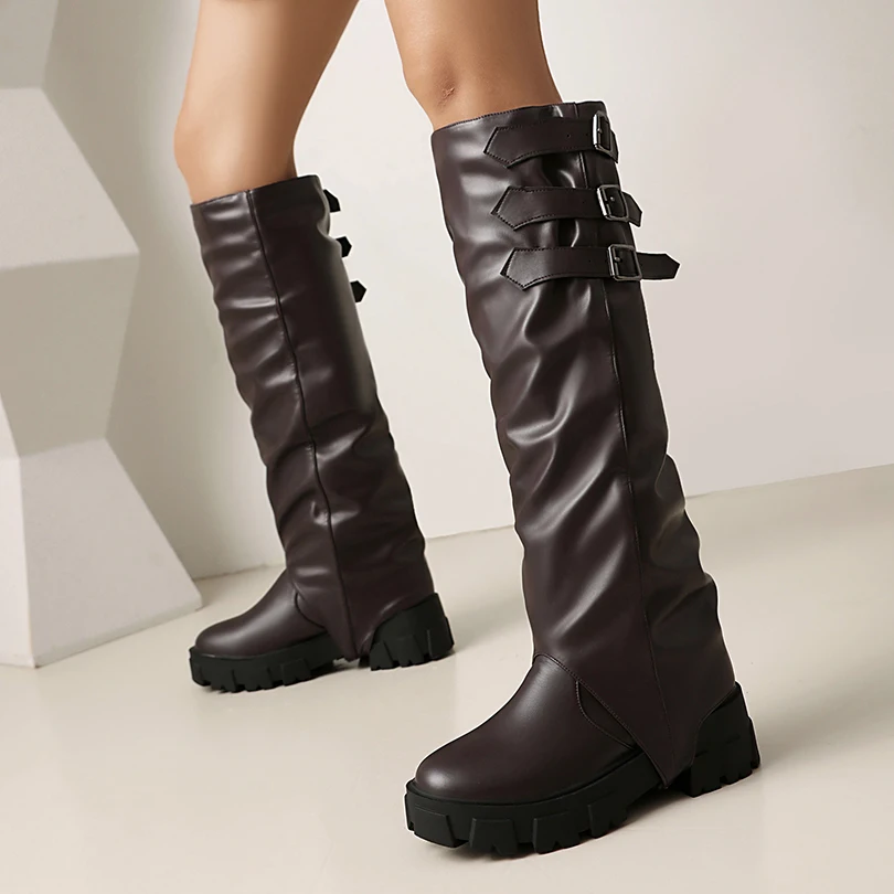 Plus Size Wearable Detachable PU Boot Tube Spliced Short Boot Combination Knee High Boot Three Row Buckle Novelty Boots