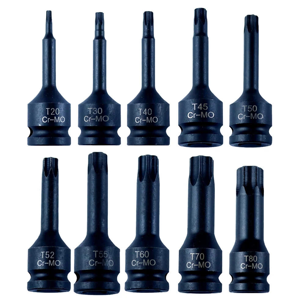 10pcs 1/2 Inch Drive -Impact Sockets Torx Star Bit Sockets Sets T20 T30 T40 T45 T50 T52 T55 T60 T70 T80 Socket Bits-Set