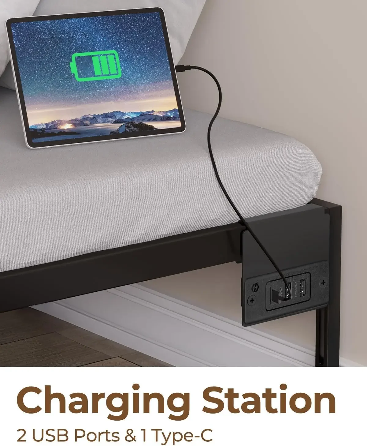 Cadre de lit avec station de charge USB, lit jumeau avec lumières LED, cadre de lit à plateforme avec lamelles en acier rapide, 1