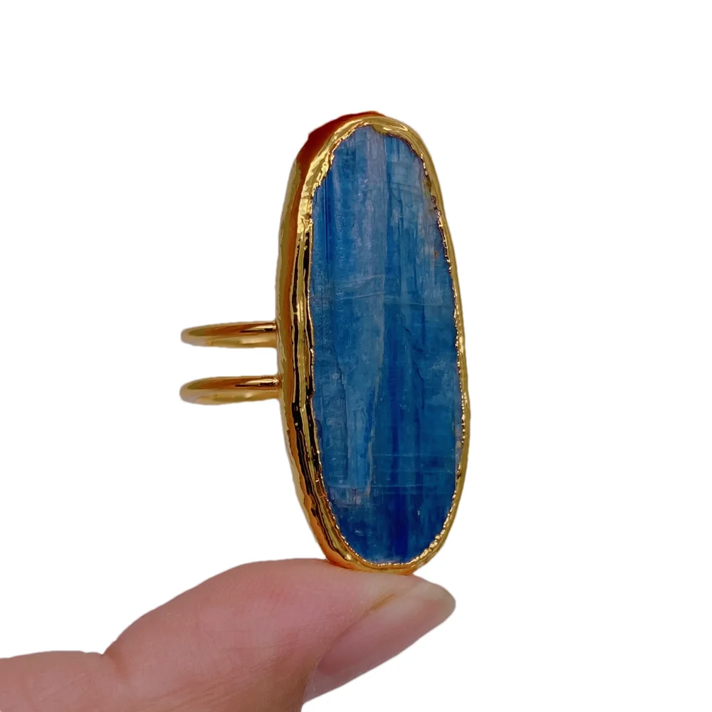 4 PCS 40-45mm Natural oval shape Blue Kyanite Finger gold plated edged Rings Adjustable Wedding Jewelry