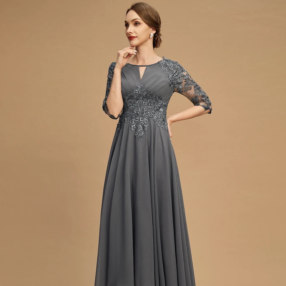 Einfache A-Line Mutter Der Braut Kleid Oansatz Halbe Hülse Spitze Appliques Pailletten Knöchel-Länge Abendkleid Grau Chiffon MOM Kleid