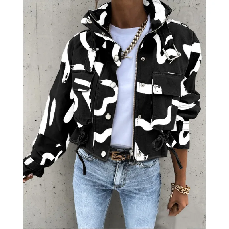 Short Print Trench Coat Autumn Jacket for Women Fashion Zipper Stand Collar Winter Jacket Women Loose Windbreaker Casual Clothes