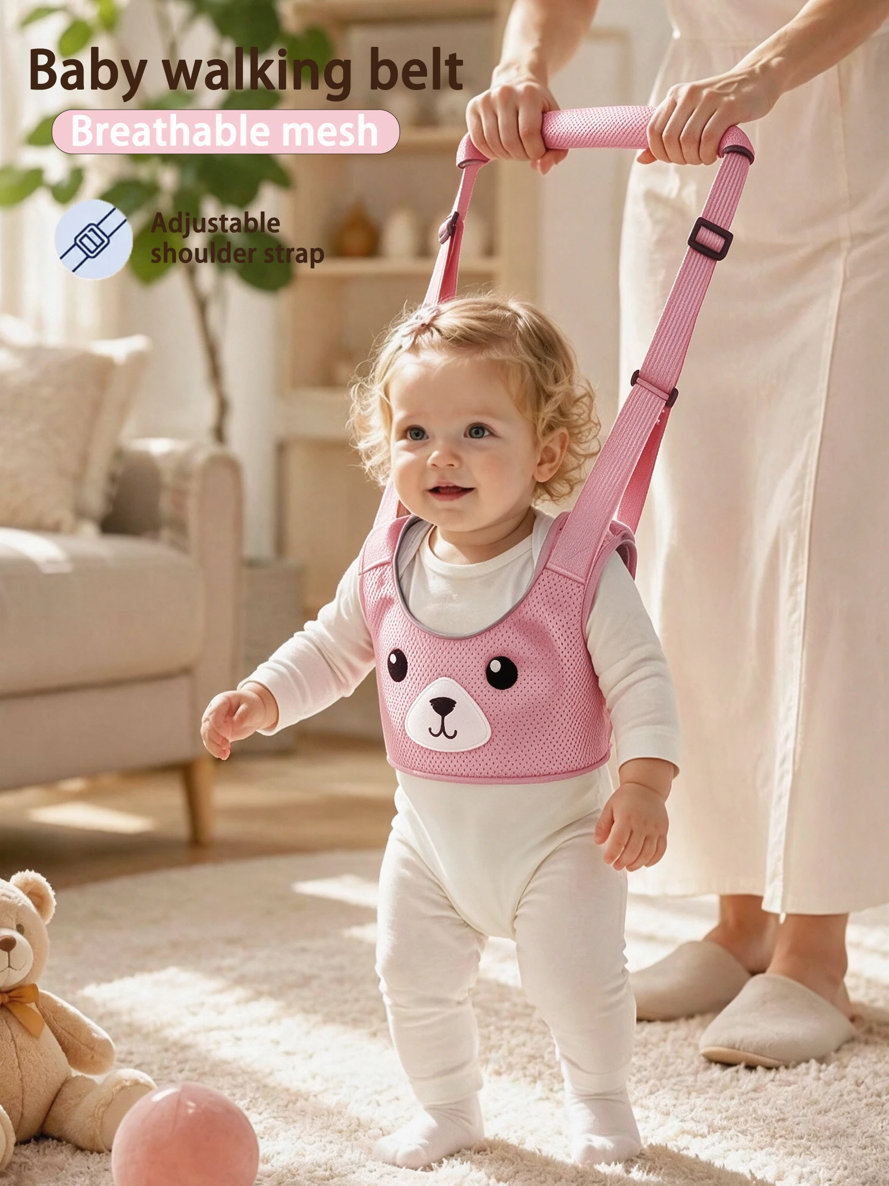 Baby Walking Harness with Cute Bear Cartoon Mesh, Adjustable Anti-Fall Baby Walking Aid, Breathable Walking Aid for 7-24 Months, Baby Gift