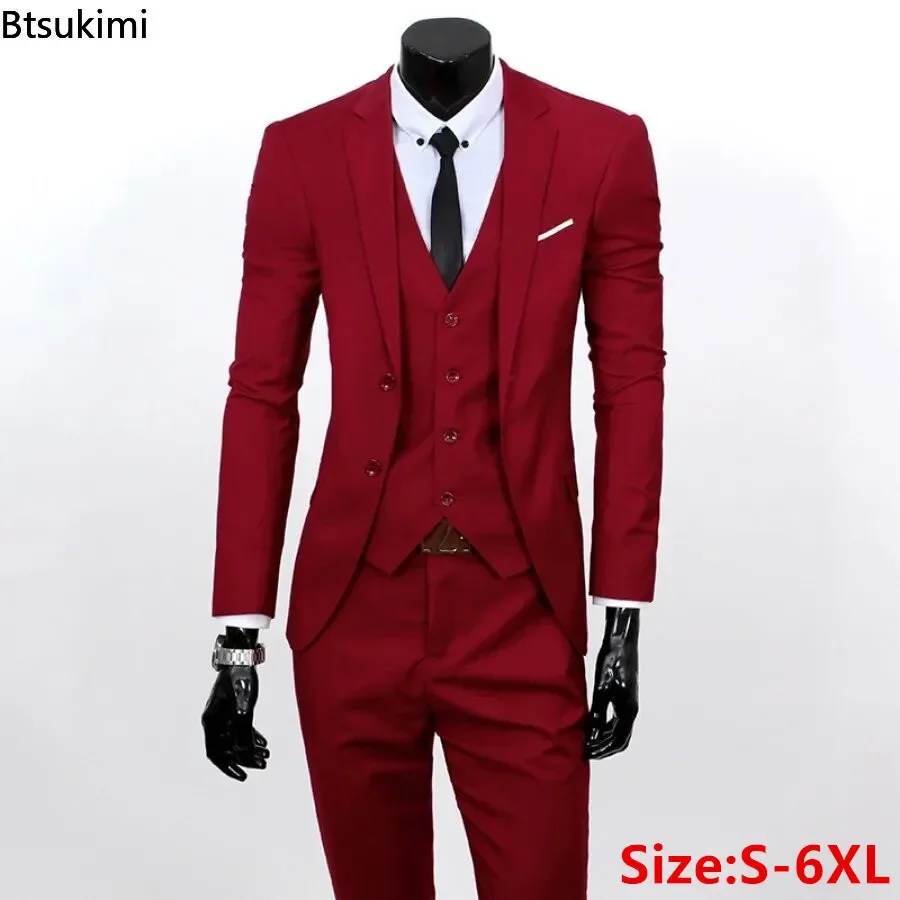 Fashion Korean Plus Size 6XL Suits Sets Men\'s Solid Slim Formal Blazer Jacket Vest Pants 3 Piece Sets Men Business Party Outfits