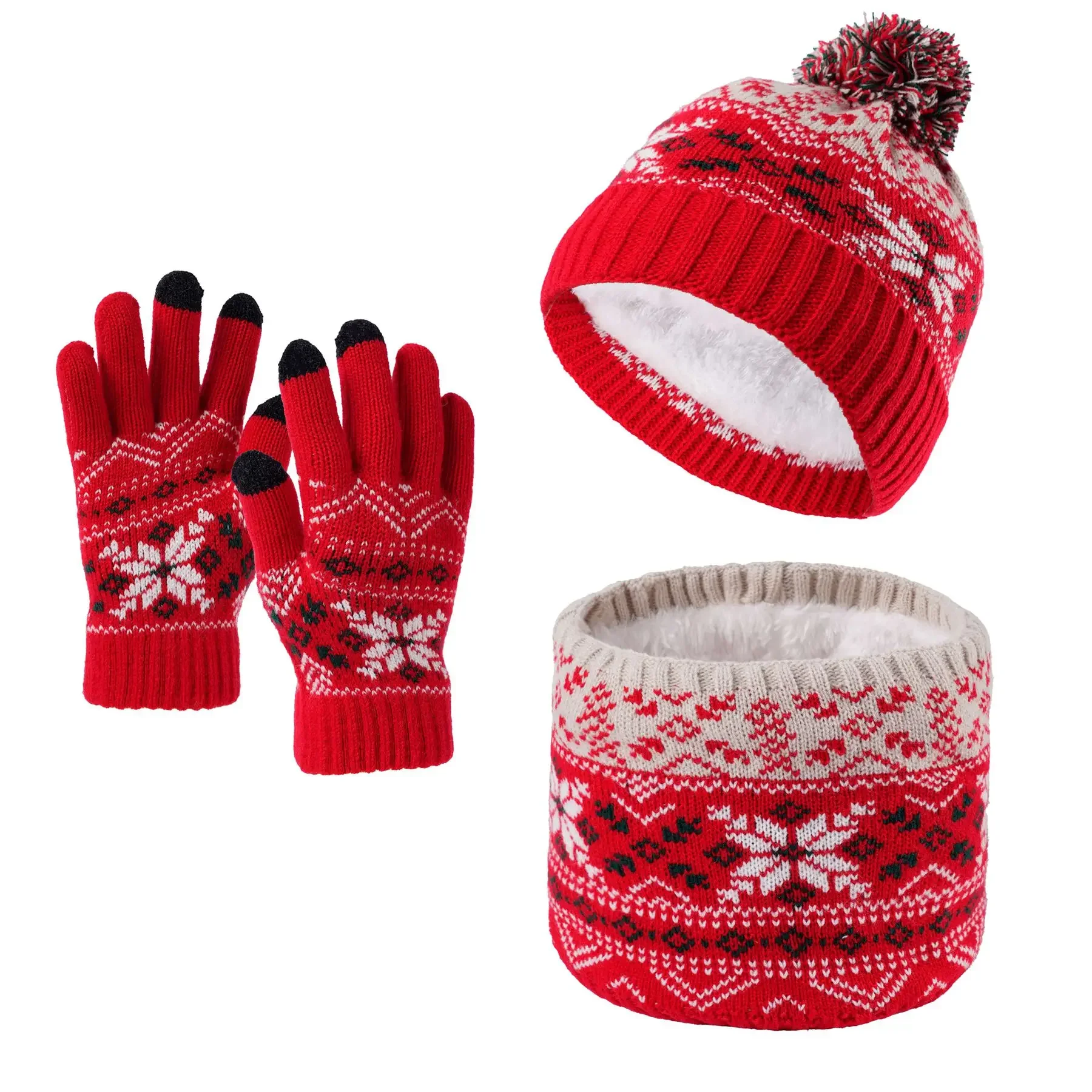 3pc3-12Y الأطفال قبعة محبوكة دافئة ووشاح وقفازات ندفة الثلج ثلاث قطع مجموعة للبنين والبنات مع الصوف