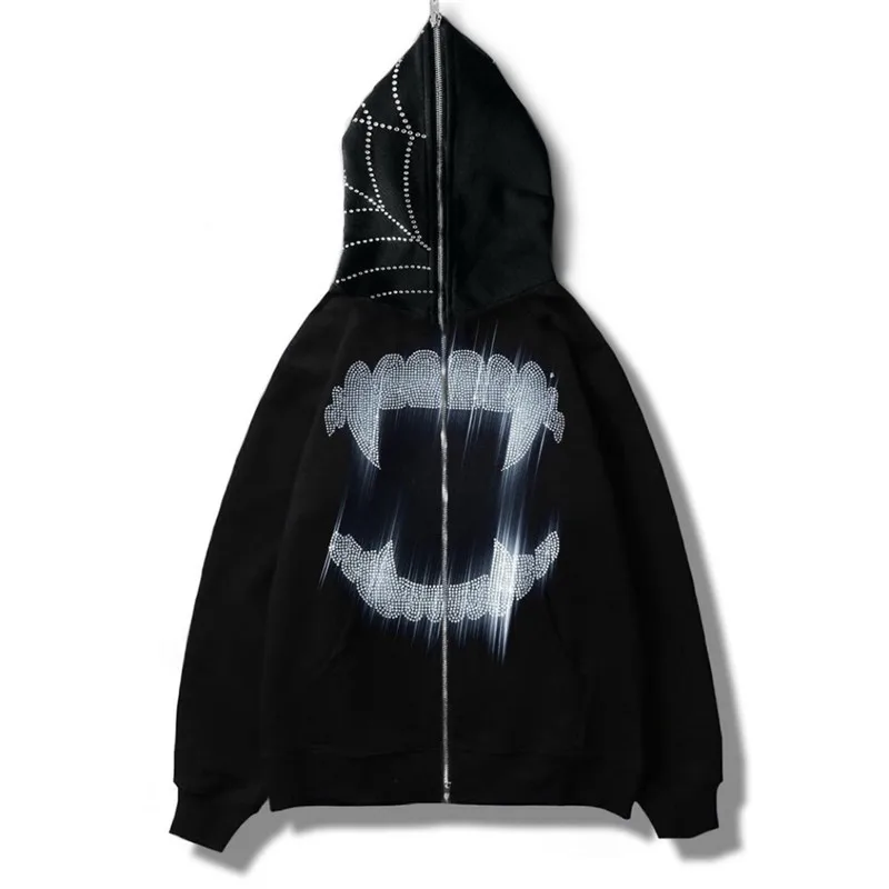 Full Zip Up Hoodies Rhinestone Tooth Spider Web Print Oversized Goth Hoodie Men's Harajuku Punk Grunge Sweatshirt Y2k ﻿Clothes