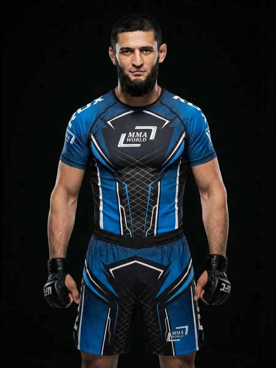Men's Blue Black Geometric Rash Guard & Shorts Quick Dry MMA Style Compression Sport Set Breathable Athletic Training Uniform