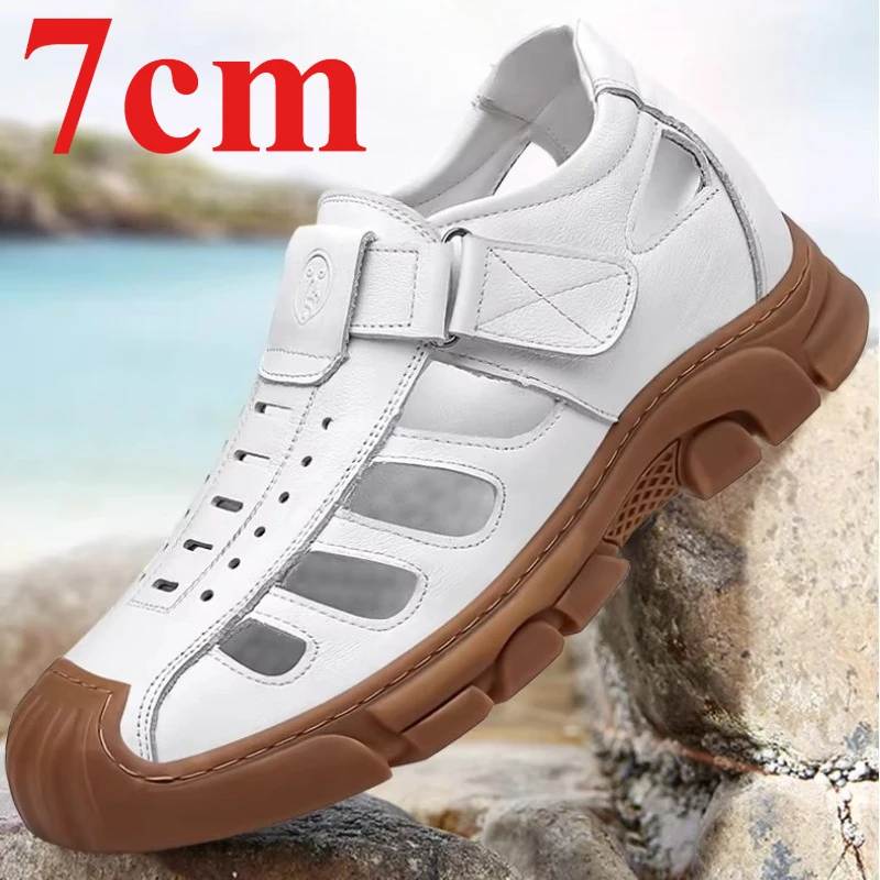 New Genuine Leather Breathable Hollow Hole Large Hole Height-increasing Shoes Summer Casual Sandals Shoes for Men's 7cm Elevator