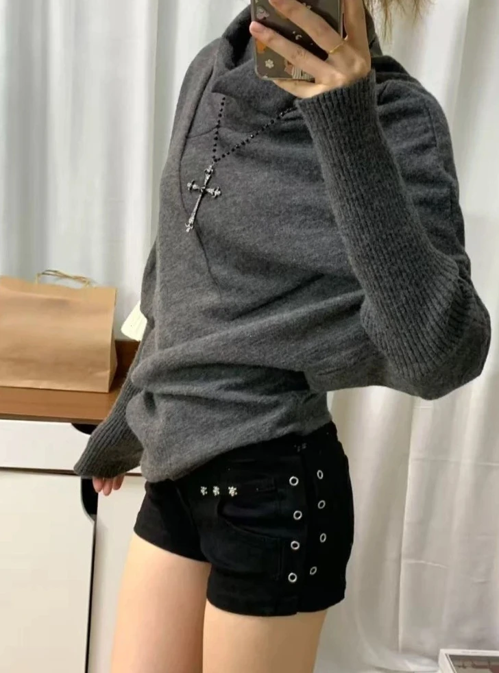 

Новый облегающий топ для женщин Y2k, лоскутные пуловеры с нерегулярными рукавами «летучая мышь», осень-зима, ленивые вязаные свитера