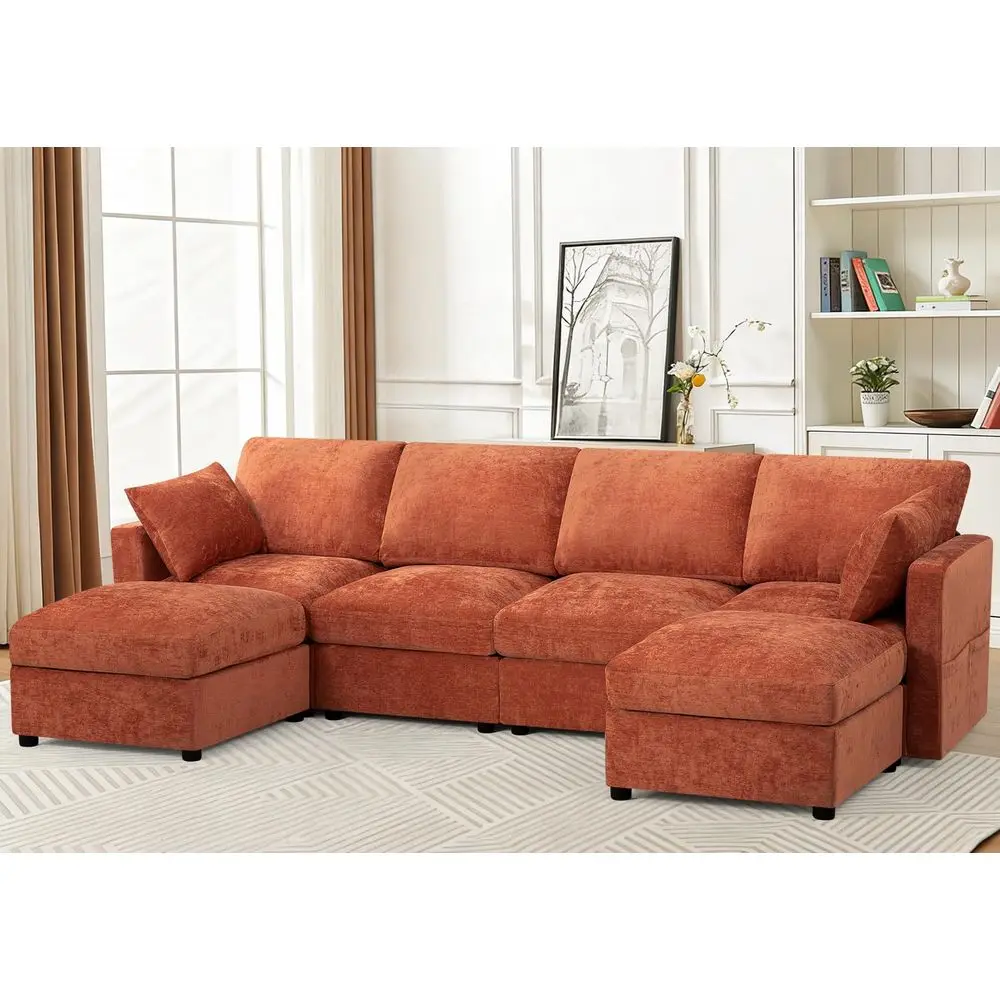 

Chenille 4 Seater Sofa W Movable Ottomans, Modern Fabric UShaped Couch w Soft Backrests, holstered Sectional Sofa w Arm Pillo