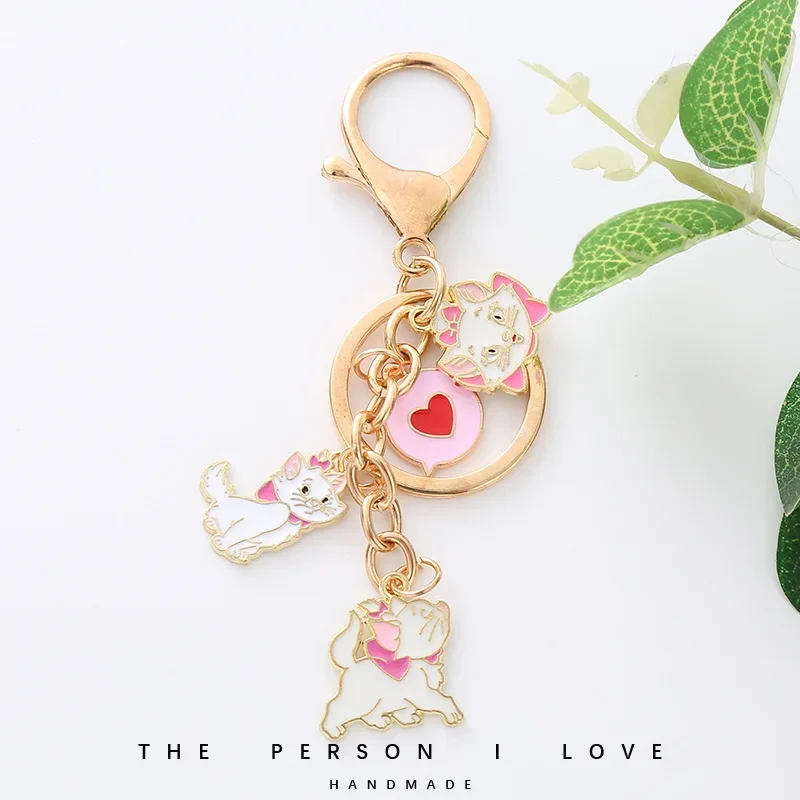 Cute Cartoon Cat Keychain, Metal Heart Tag, Keyring, Women's Headphone Case, Pendant, Backpack, Charm Best Gifts