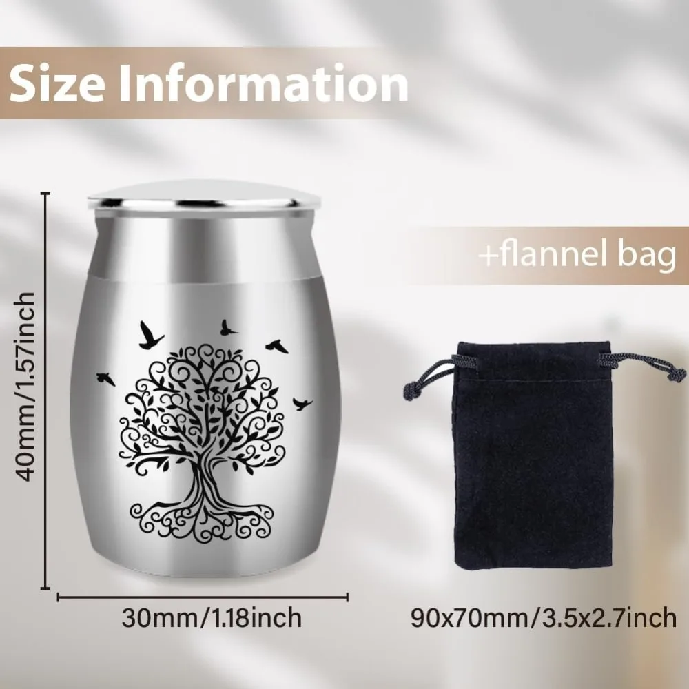 1Pc 1.57 Inch Mini Stainless Steel Cremation Urn Small Urn for Human or Pet Ashes Tree of Life Cremation Keepsake Urns Memorial