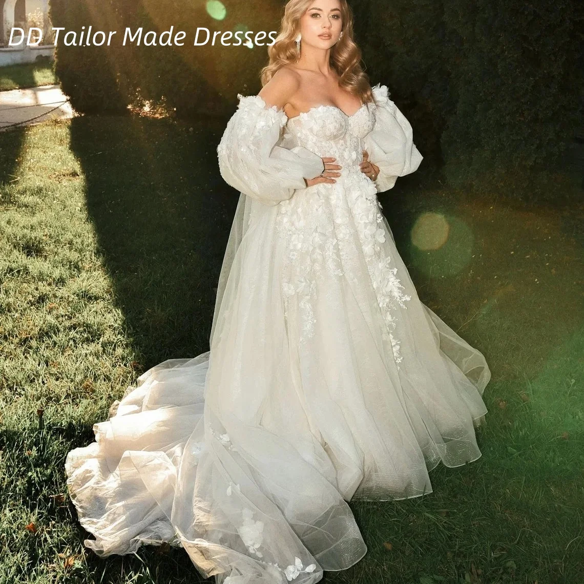 

3D Floral Appliques Boho Wedding Dress Side Slit A-Line Off Shoulder Bridal Gown Long Sleeves Ivory Vestidos De Novia Customized