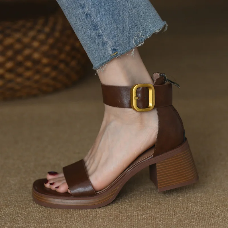 Retro Woman Shoes High Heel Sandals Open Toe Buckle Strap Espadrilles Platform Suit Female Beige 2024 Summer Original High-heele