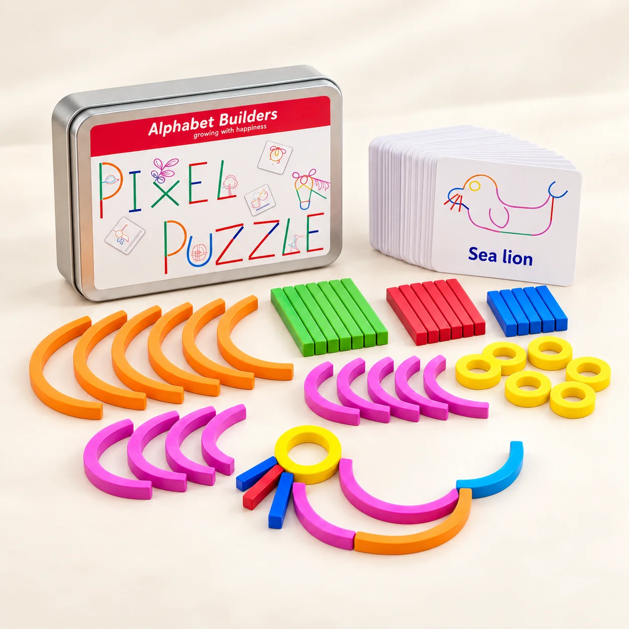 Colorful Wooden Shape Builder Set with Pattern Cards, Creative Arc and Stick Construction Kit, Hands On Learning Puzzle Toy with