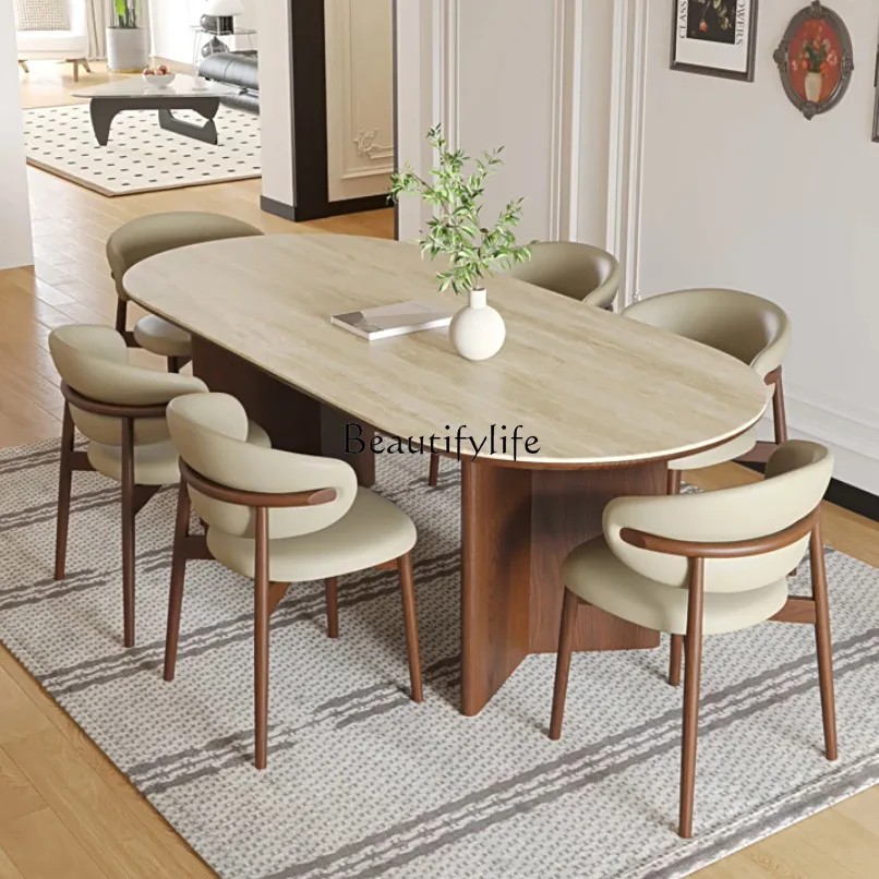 

Medieval solid wood rock slab dining table, small household French retro oval