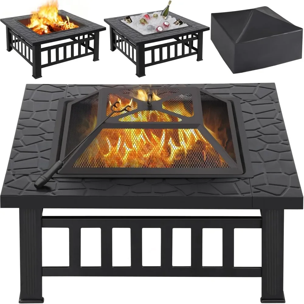 34in Fire Pit Table Outdoor Wood Fire Pits Fire Pits for Outside Patio Square Steel Stove with Mesh Screen, Waterproof Cover &