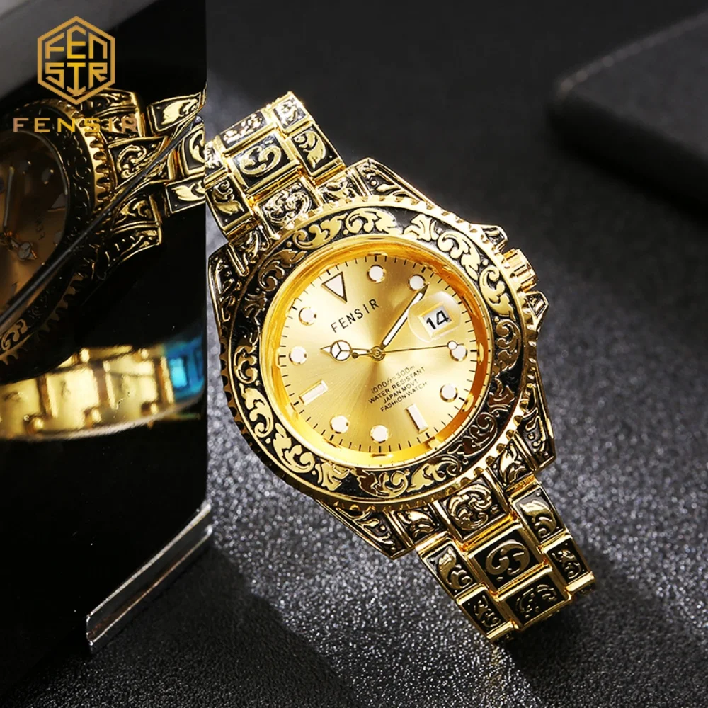 Fensir Retro Carved Men's Quartz Watch, Business Calendar Waterproof Wristwatch, Classic Popular Men's Watch, Light Luxury Embossed Design, Butterfly Clasp Strap, Fashionable Trendy Business Casual Versatile Watch, Gift for Boyfriend or Father's Birthday