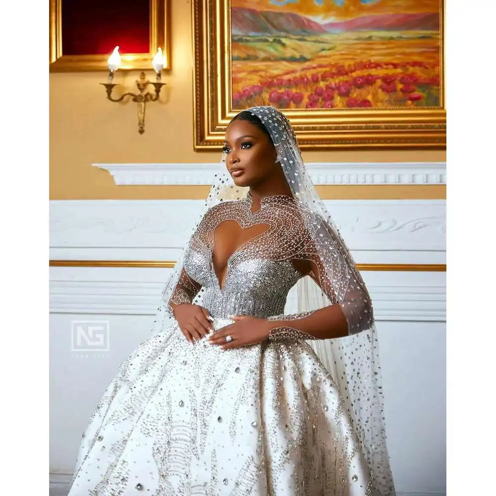 Customized High Collar Sparkly  Heavy Crystals Rhinestones 2 in 1 Wedding Dress Vestidos Noivas Long Sleeves Africa Bridal Gown