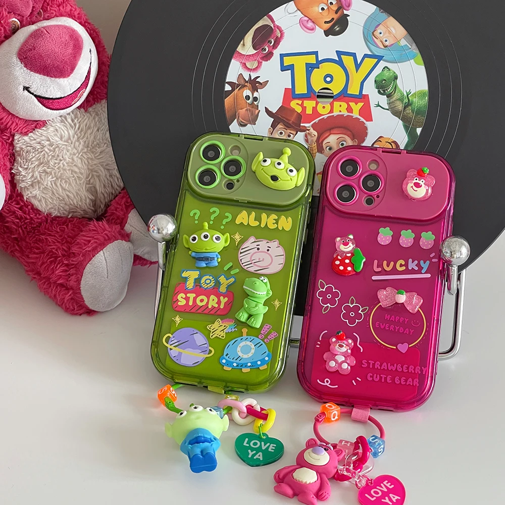 Disney Toy Story Strawberry Bear Lotso With Doll Ornaments makeup mirror Phone Case For Iphone 11 12 13 14 15 Pro Max Plus Xs Xr