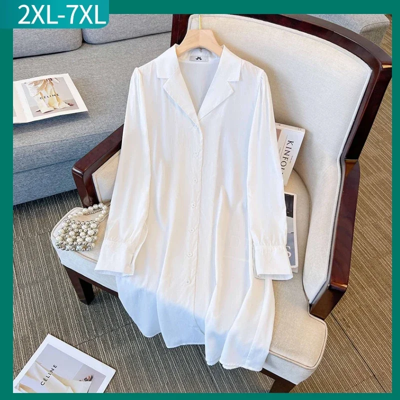 Plus Size White Dress For Women Large Long Sleeve Shirt Prom Dresses Female  4XL 5XL 6XL 7XL Ladies Office Work Clothing