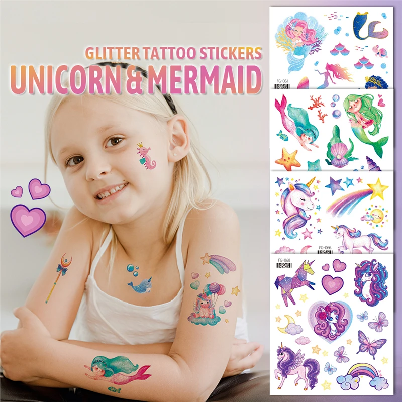 Glitter Fairy Mermaid Unicorn Tattoo Sticker Kids Temporary Waterproof Face Arm Body Art Fake Tattoos Children Festival Makeup