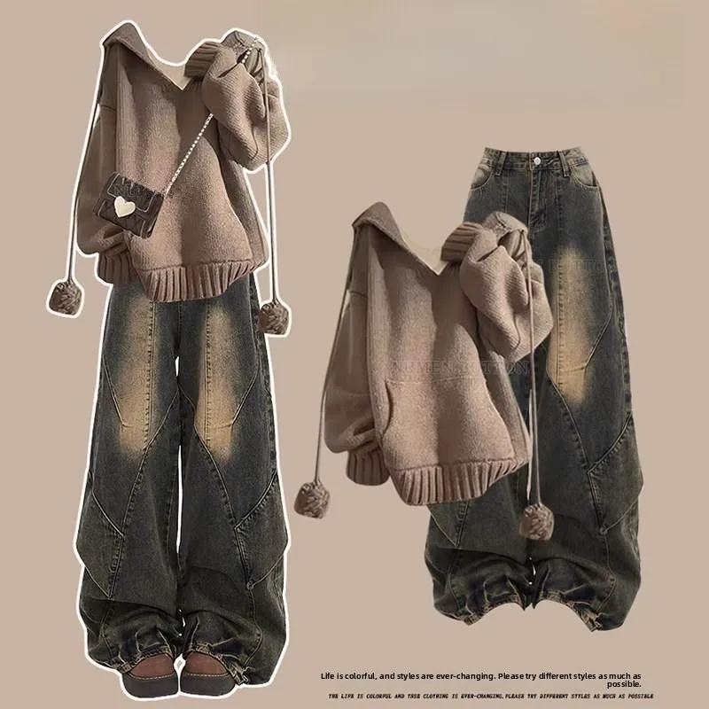 

plus Size Autumn Denim Knit Sweater Set High Waist Wide Leg Pants Two Piece Set Slimming Effect V Ne Long Sve Commute Sle