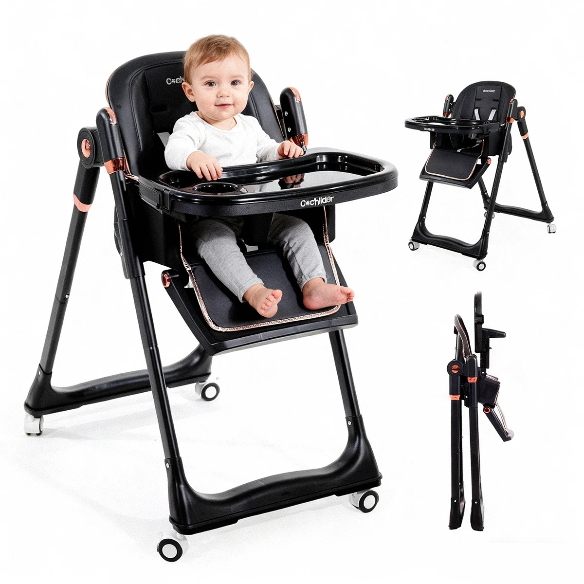 Baby High Chair Foldable Feeding Highchair with Wheels, Adjustable Reclining Backrest, 5-Point Safety Harness, Removable Double Tray PU Cushion for Babies Toddlers Dining Seat