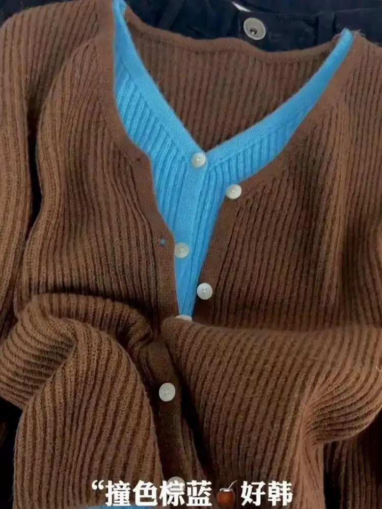 

New 2024 Autumn Winter Women's Brown Blue Patchwork V Neck Cardigan Sweater Single Breasted Long Sleeve Fashion Versatile Tops
