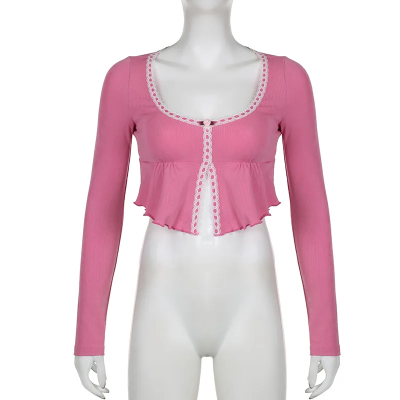 Sexy Long Sleeve Lace Crop Top Sweet Girl Knitted Tees 2023 Autumn Contrast Color Pink Large Round Neck Slim Fit T Shirt