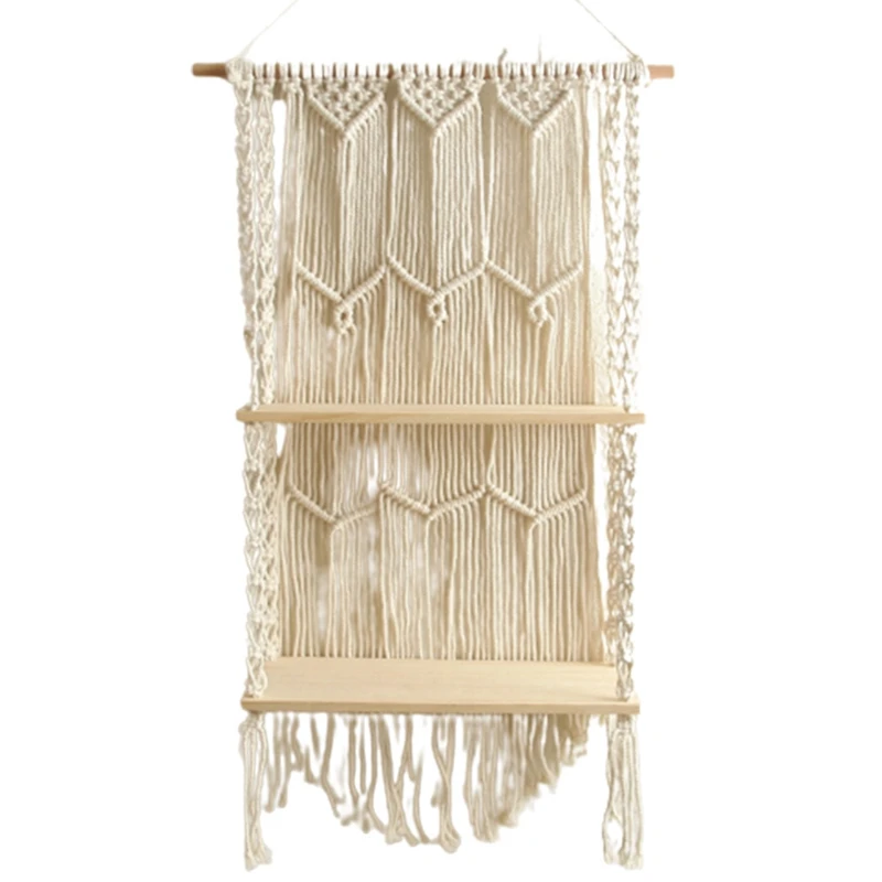 

Macrame Wall Hanging Shelf - Boho Indoor Hanging Shelves For Wall - Bohemian Floating Plants Room Storage Shelving