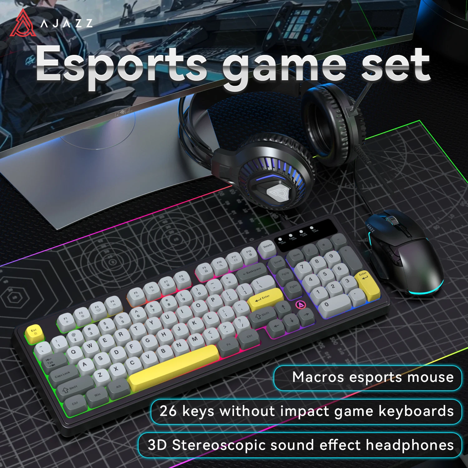 

Комплект AJAZZ AT120: клавиатура, мышь и гарнитура — эргономичный дизайн, портативный универсальный набор для офиса и игр