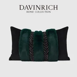 DAVINRICH Italian Renaissance Inspired Sable Green Faux Fur Lumbar Pillowcase Decorated With Chains Lavish Cushion Cover 30x50cm