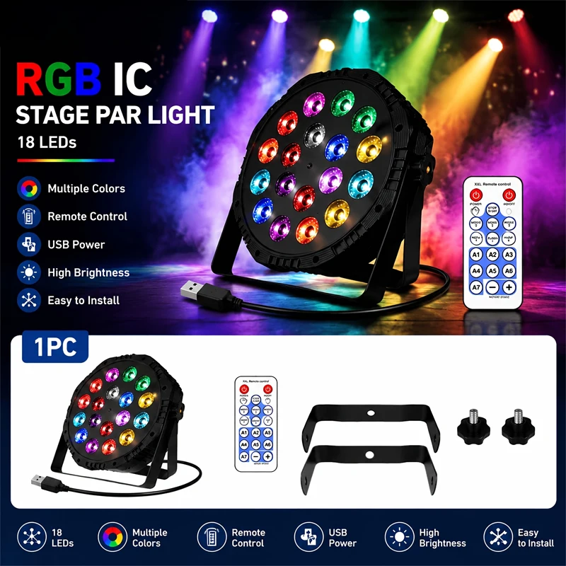 5V USB 18LED RGB Stage Light 6W Remote Control Sound Activated Lamp Auto-run Mode For KTV Bar DJ Disco Stage Atmosphere Lighting