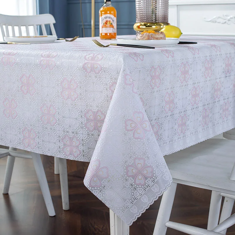 PVC Lace Tablecloth Waterproof Washable and Erasable Table Linen Tea Table Cloth Rectangular Table Cover Whitepink