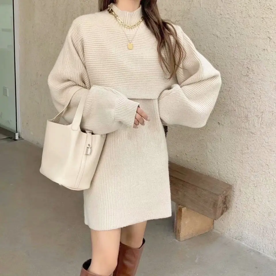 

Women Suit Knitted Sweaters and Dress Two Pieces Set Spring Autumn Elegant Casual Knitwear Cardigans Jumpers Pull Femme E1330