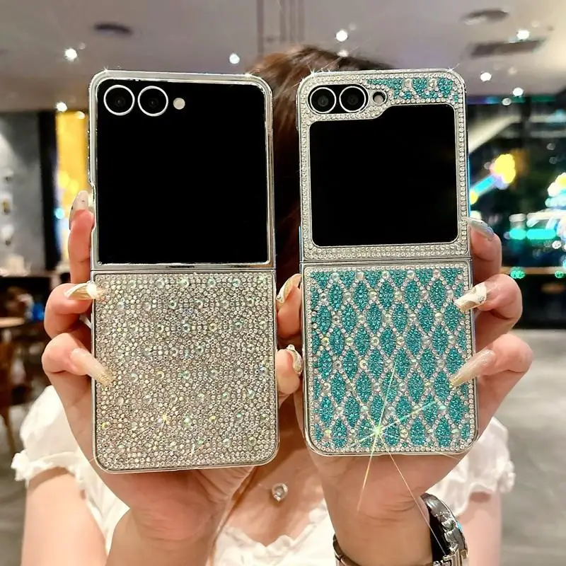 

Bling Plaid Diamond Phone Case For Samsung Galaxy Z Flip 7 Flip6 Flip5 Flip 4 3 Luxury Glitter Rhinestone High-end Plating Cover