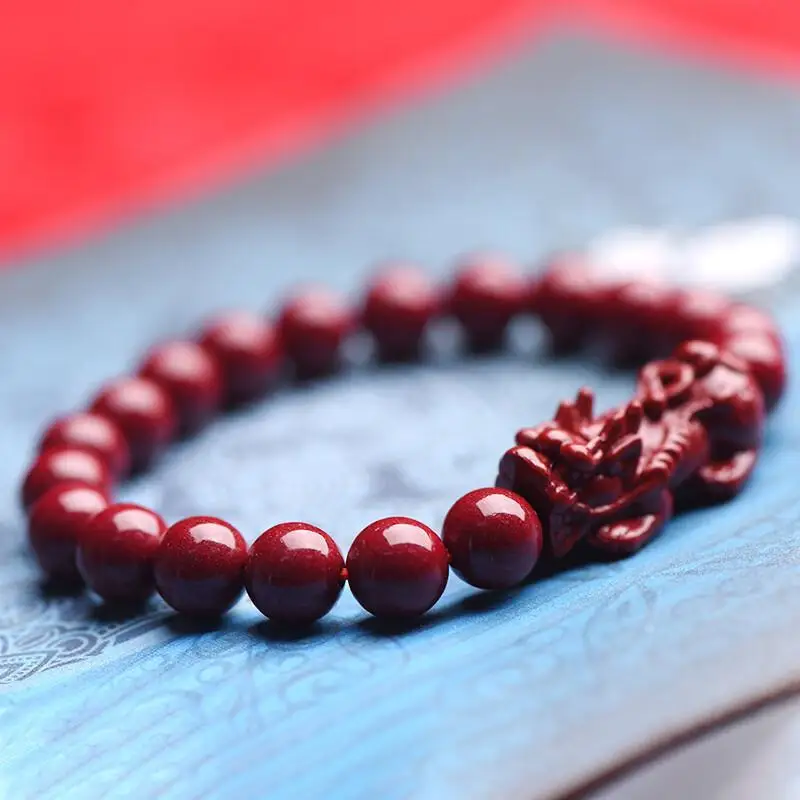 Natural Cinnabar Pixiu with Round Beads Bracelet Fashion Simple Bracelet