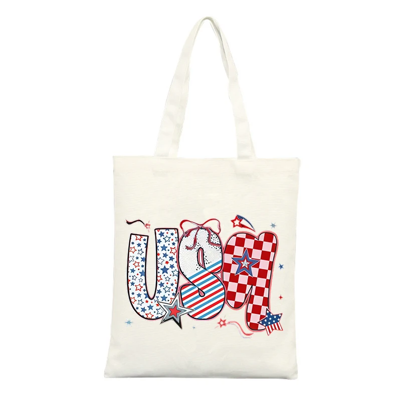 USA Letter Print Canvas Tote Bag, Casual Style for Summer Shopping and Daily Use