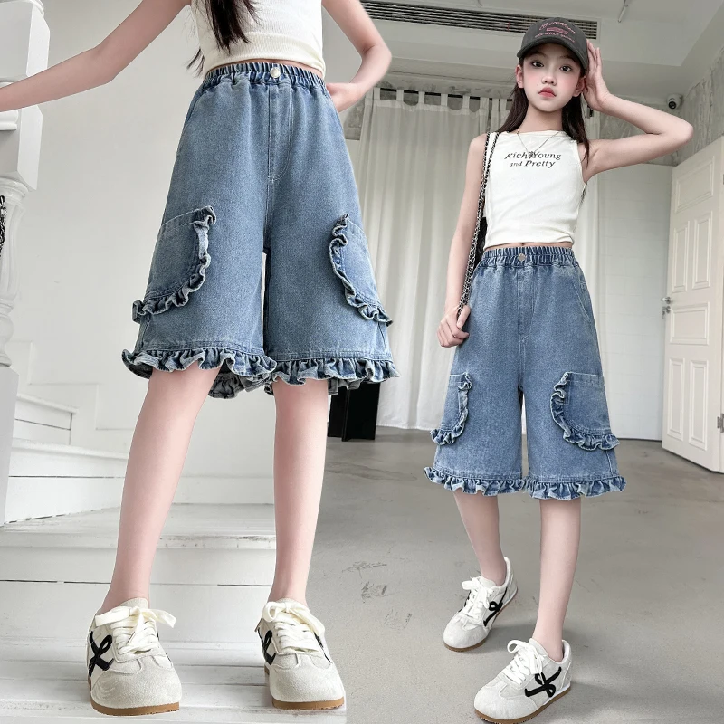 New Fashion Kids Designer Summer Ruffle Shorts for Teenager Girl Elegant Casual Denim Shorts with Flounces Child Stylish Shorts