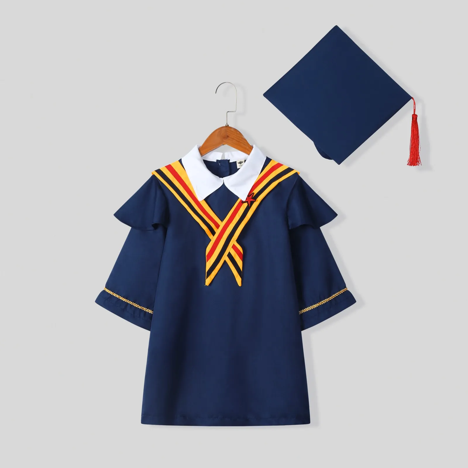 Vestido escolar para niños, uniforme escolar para niños, vestido de graduación para preescolar, conjunto de gorro con borla de chal para guardería