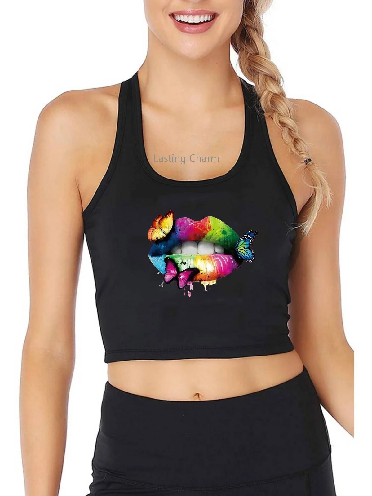 

Multicolored Lips Butterflies Printed Tank Top Women's Breathable Slim Fit Yoga Sports Training Crop Tops Summer Vest