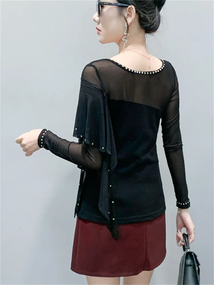 Sexy Mesh T-shirt Women's Blous Drill Tshirts Top Spring Autumn Woman Clothes Tshirts O-neck Long Sleeve Pullover Female Tees