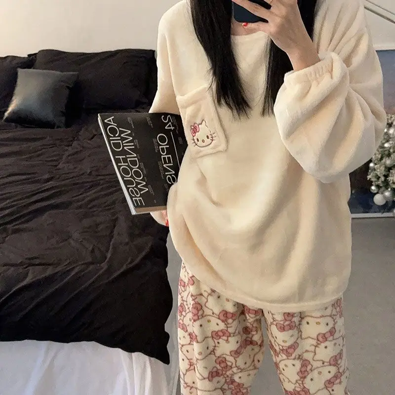 

Sanrio Hello Kitty Coral Velvet Pajamas Robes Winter Velvet Thickened Flannel Mid-Length Hooded Sleeping Gown Set Home Clothing