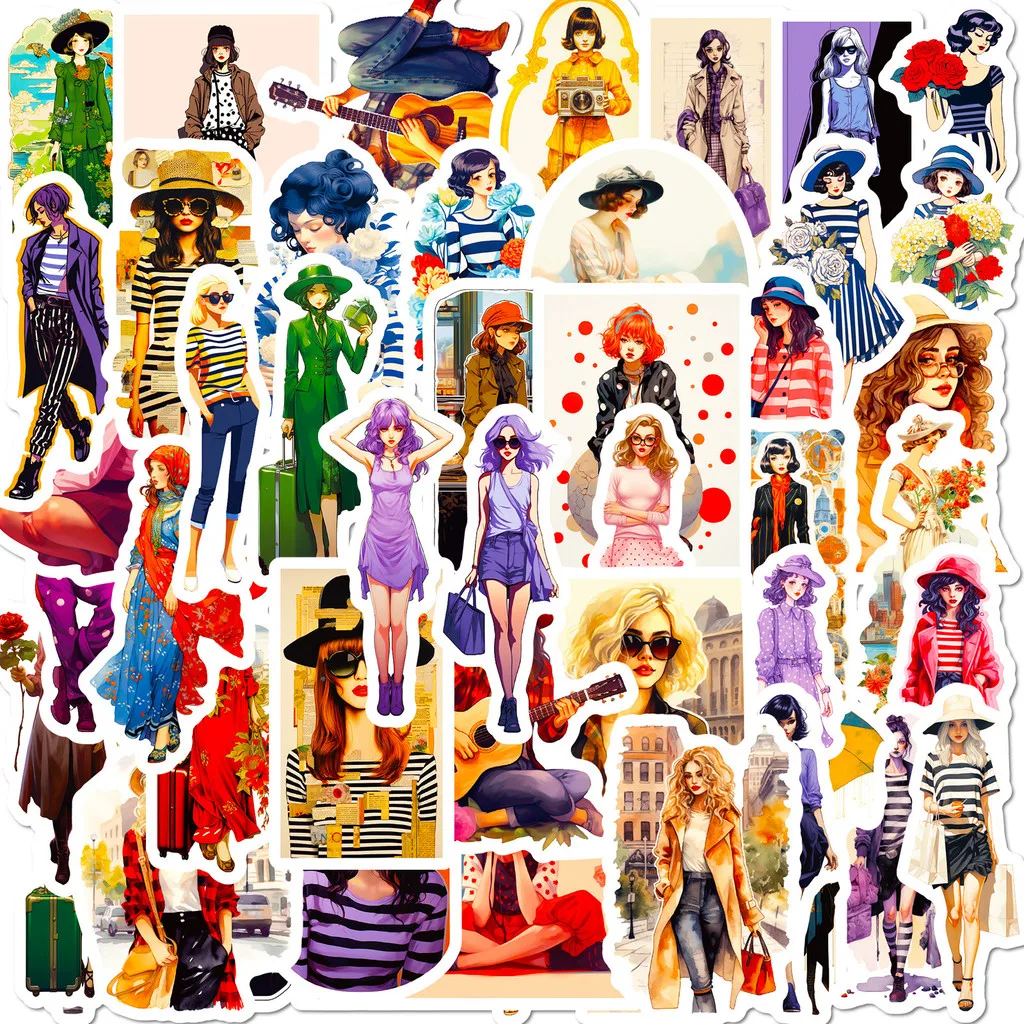50-Piece Cute Urban Girl Stickers - Best-Selling Dopamine Girl Outfit Graffiti DIY Decor for Journals, Laptops, Phone Cases