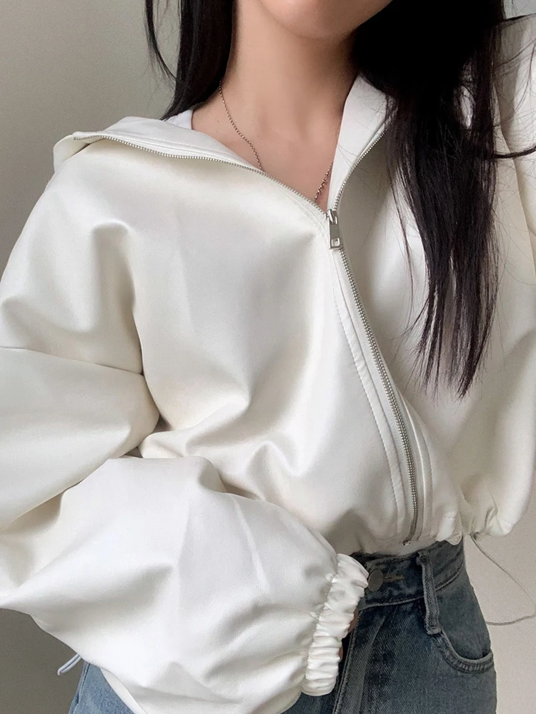 Short PU Leather Jacket Women's Spring Outerwear High Waist Hooded Zipper Closure Long Sleeve Loose Fit Fashionable Biker Style
