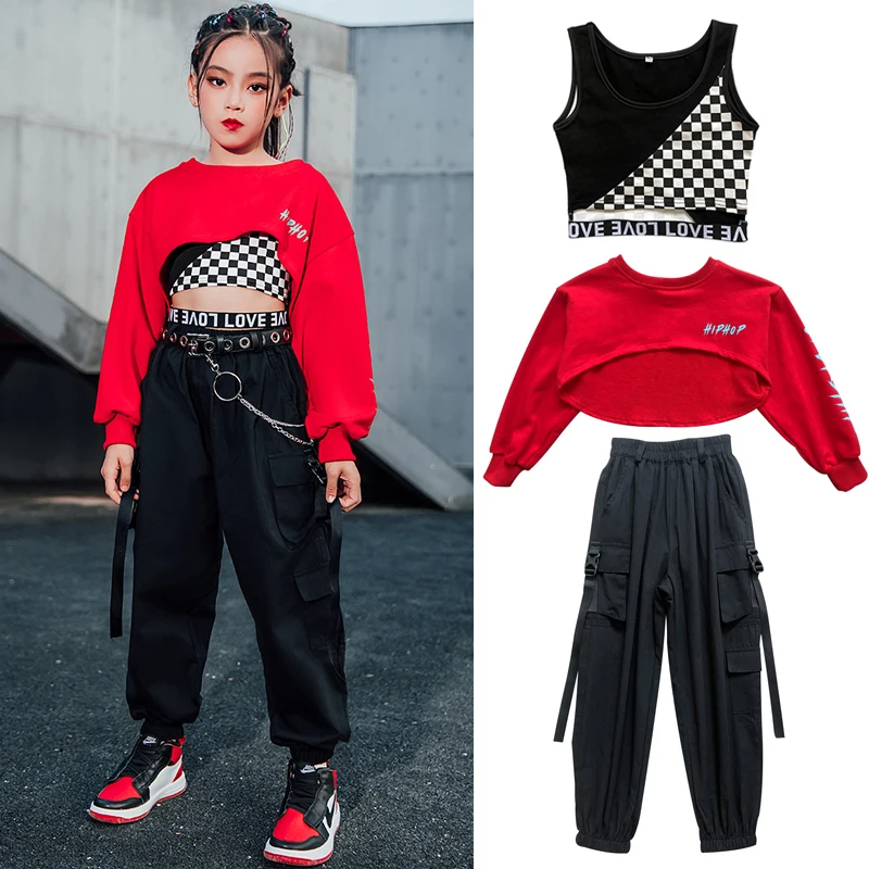 女の子のためのモダンなダンスコスチューム、ジャズボールルームダンス服、ローブウェア、ヒップホップウェア、レッドトップ、カジュアルパンツ