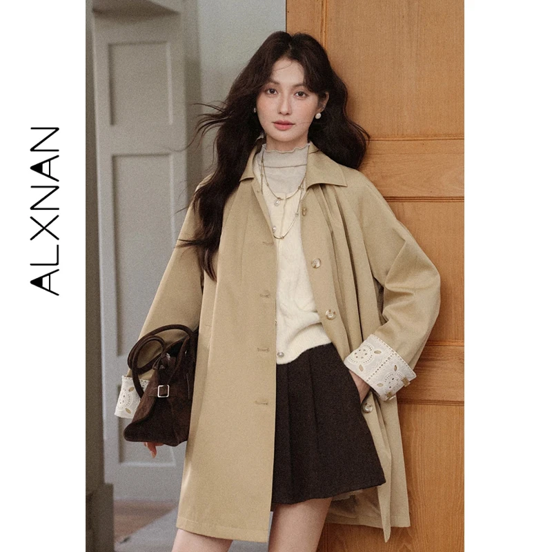 

ALXNAN Тренч средней длины цвета хаки для женщин, пальто в британском стиле, осень-зима 202, модный кружевной топ с длинными рукавами L57531