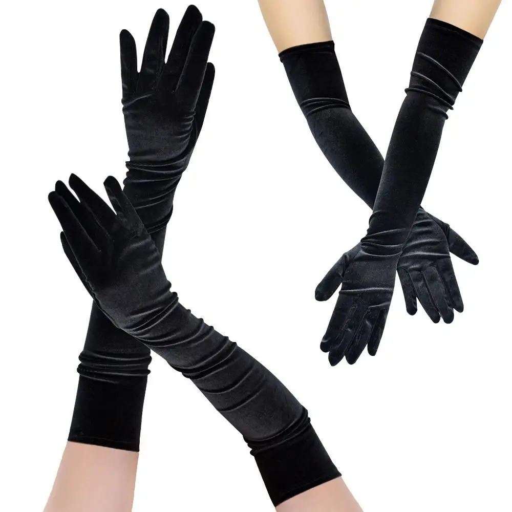 

Wedding Bridal Evening Party Prom Costume Winter Warm Mittens Black Evening Dress Etiquette Gloves Golden Velvet Long Gloves